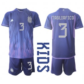 Argentina Nicolas Tagliafico #3 kläder Barn VM 2022 Bortatröja Kortärmad (+ korta byxor)